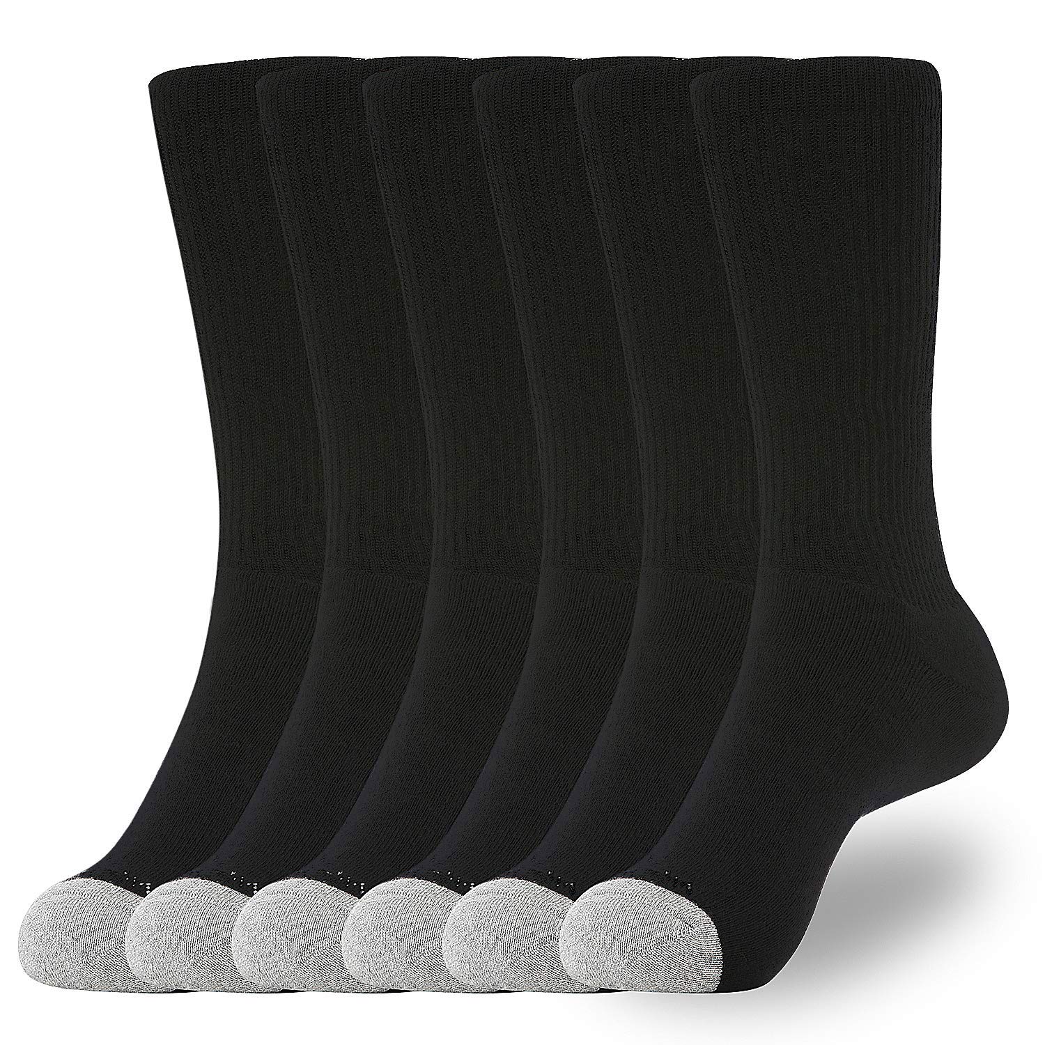 WANDER Men's Crew Socks for Boots 6-Packs Cotton Full Cushion Socks Men Black 8-13