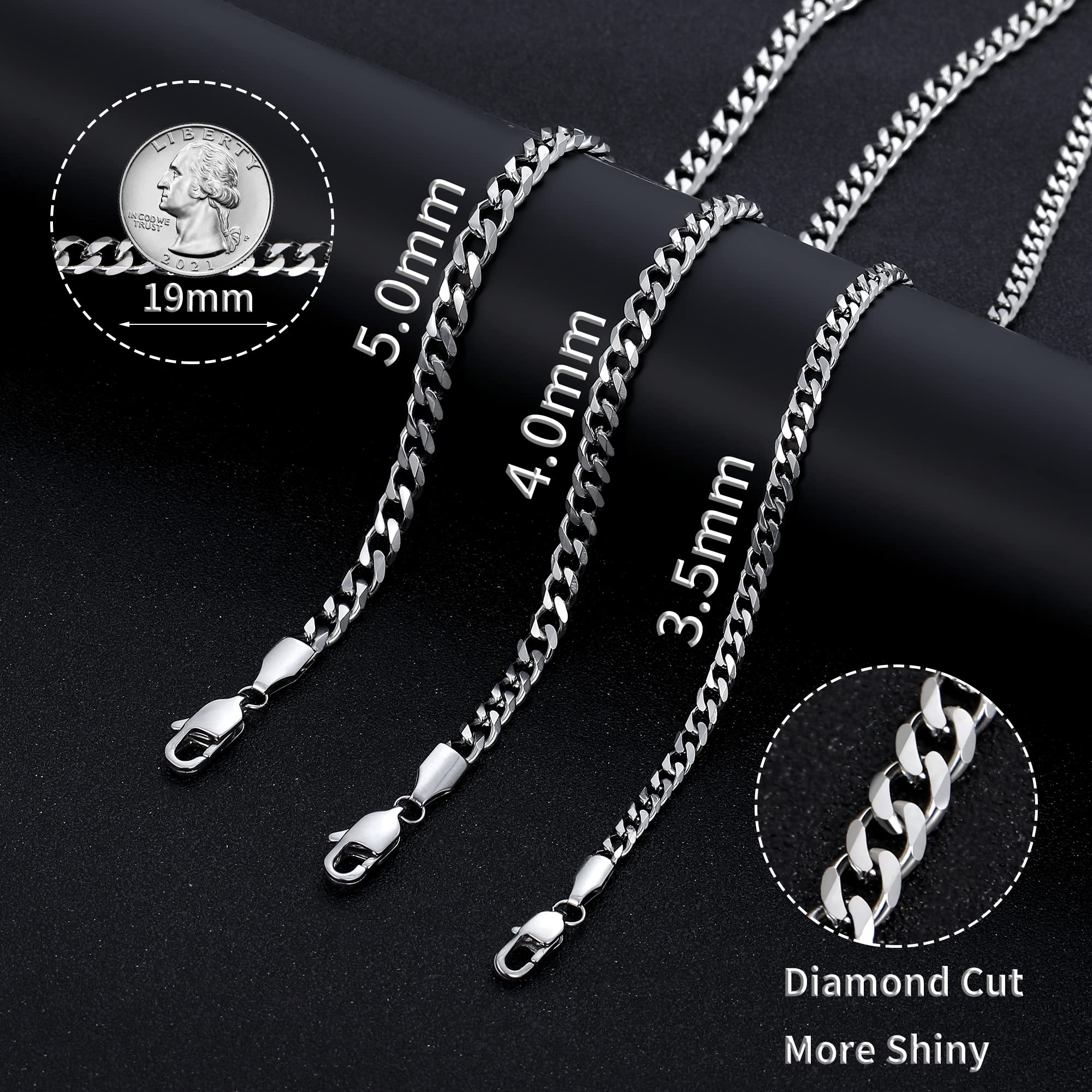 Fiusem 3.5mm Silver Colored Chains, Silver Plated Cuban Link Necklace for Men and Women, Stainless Steel 20 Inch