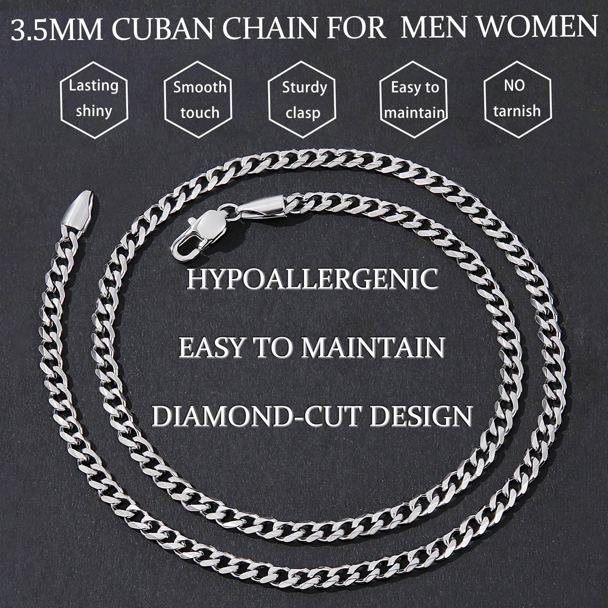 Fiusem 3.5mm Silver Colored Chains, Silver Plated Cuban Link Necklace for Men and Women, Stainless Steel 20 Inch