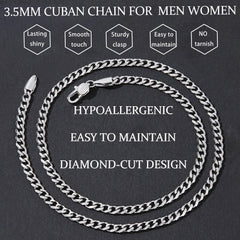 Fiusem 3.5mm Silver Colored Chains, Silver Plated Cuban Link Necklace for Men and Women, Stainless Steel 20 Inch